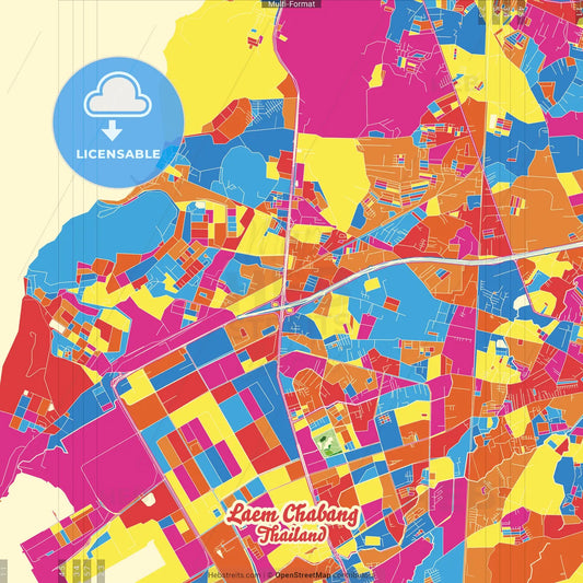 Laem Chabang, Chonburi, Thailand Crazy Colorful Street Map Poster Template