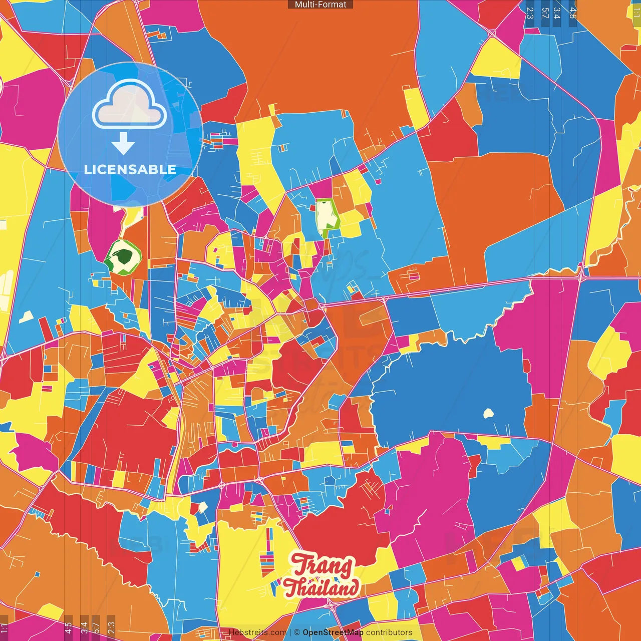 Trang, Trang, Thailand Crazy Colorful Street Map Poster Template