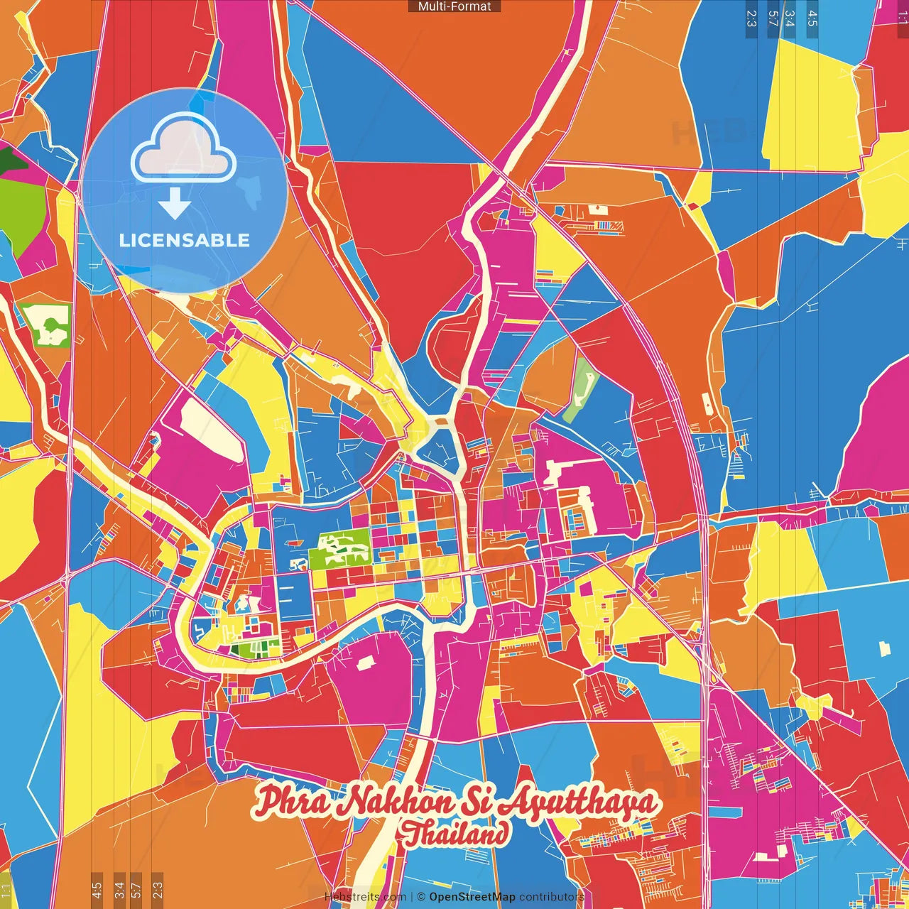 Phra Nakhon Si Ayutthaya, Phra Nakhon Si Ayutthaya, Thailand Crazy Colorful Street Map Poster Template