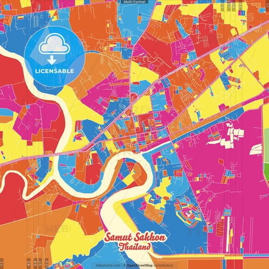 Samut Sakhon, Samut Sakhon, Thailand Crazy Colorful Street Map Poster Template