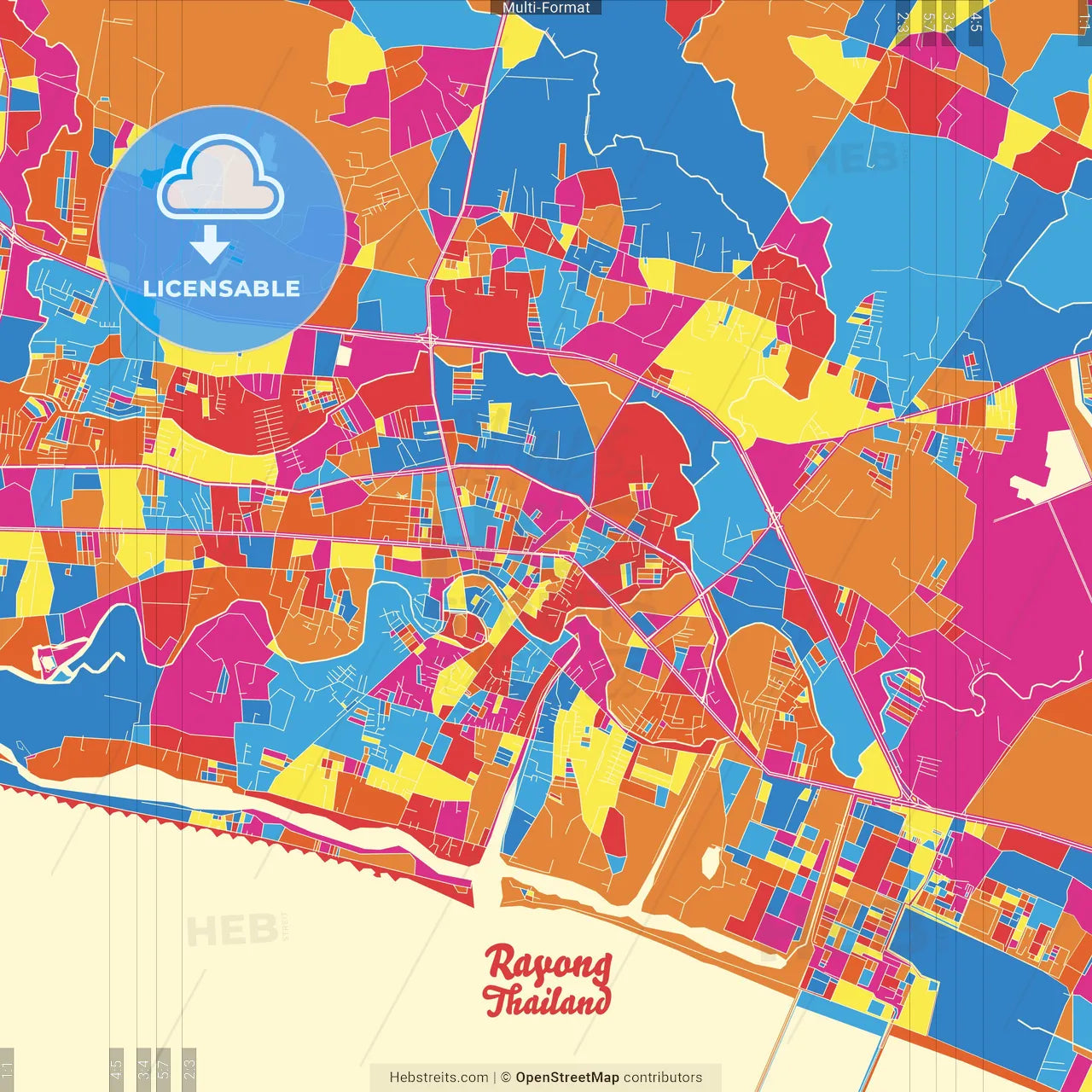 Rayong, Rayong, Thailand Crazy Colorful Street Map Poster Template