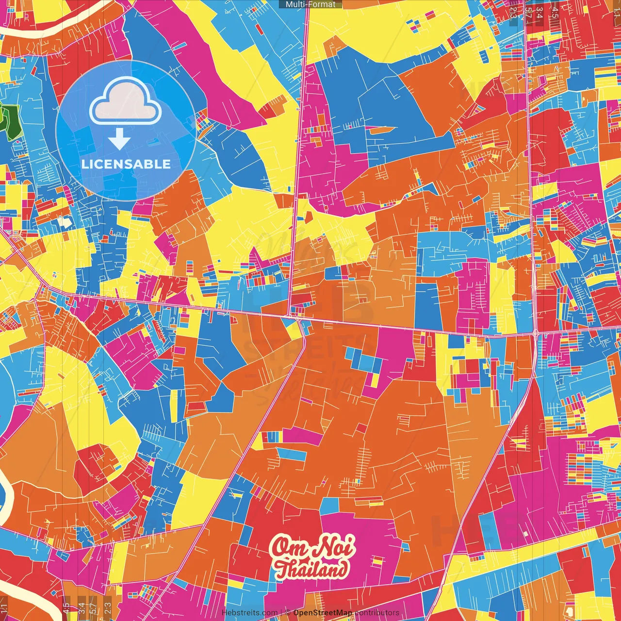 Om Noi, Samut Sakhon, Thailand Crazy Colorful Street Map Poster Template