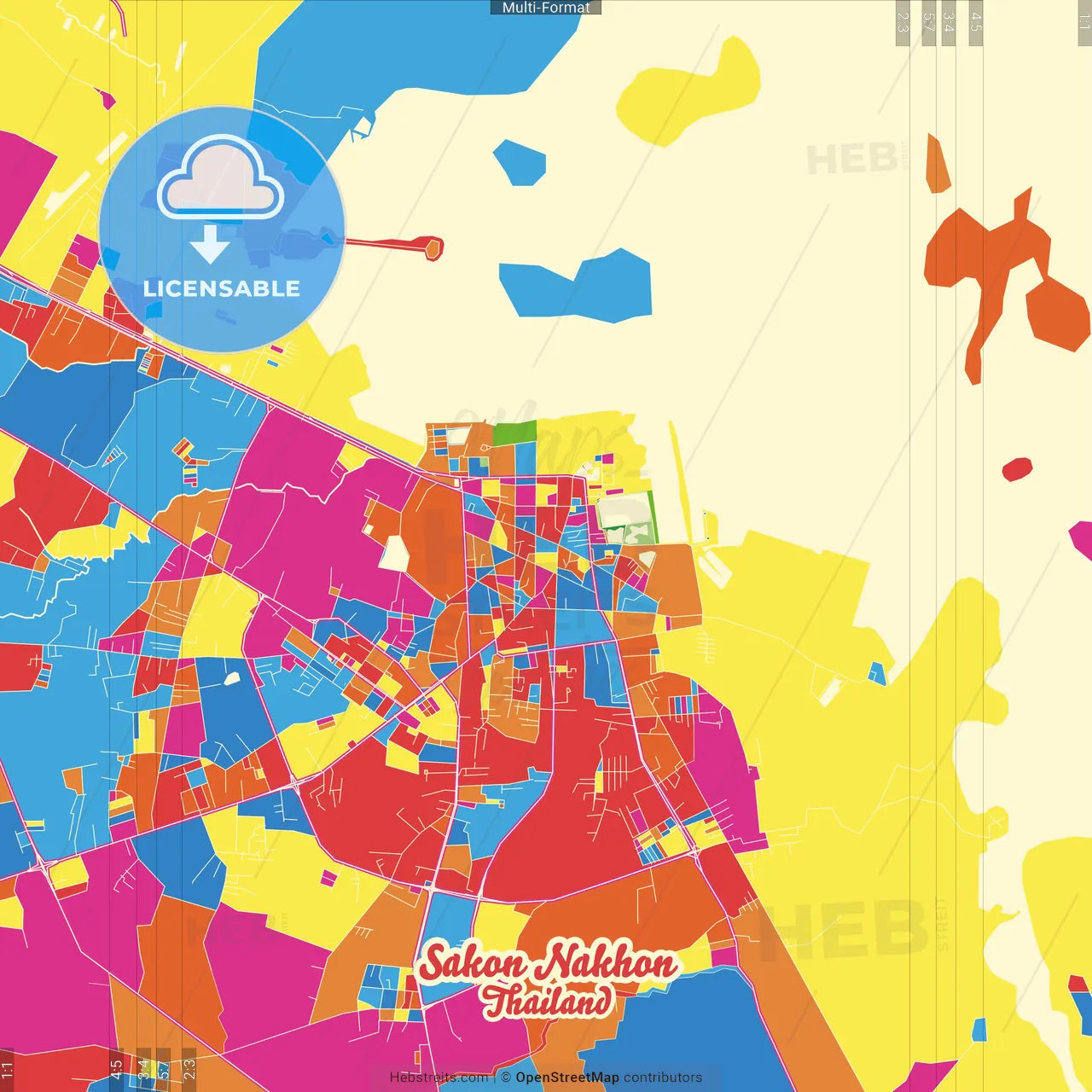 Sakon Nakhon, Sakon Nakhon, Thailand Crazy Colorful Street Map Poster Template