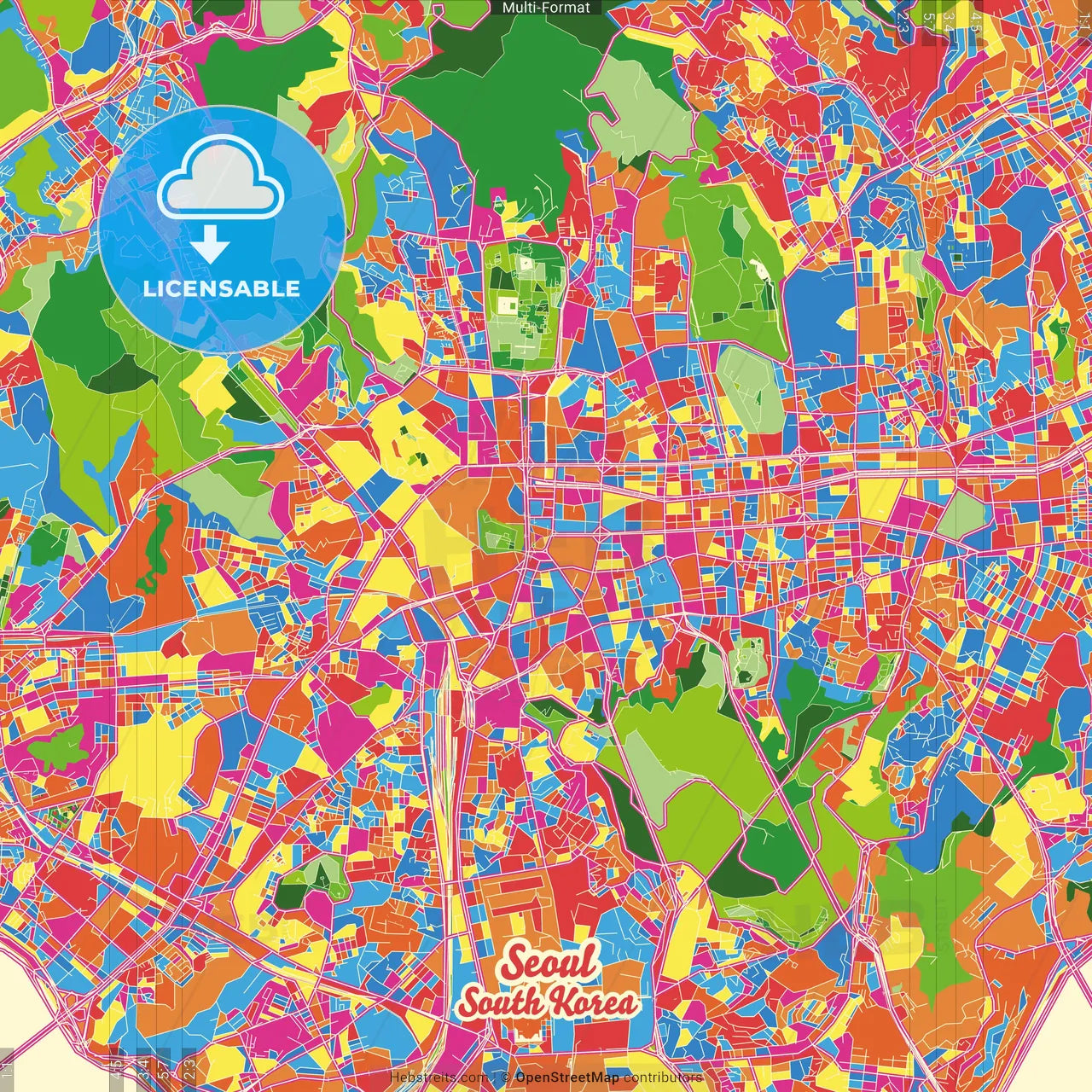 Seoul, South Korea Crazy Colorful Street Map Poster Template