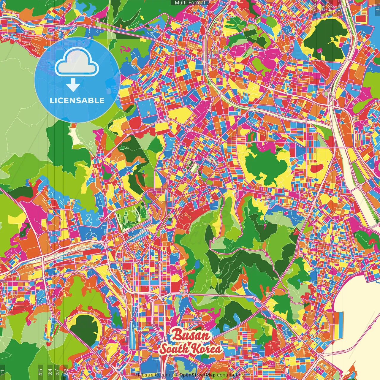 Busan, South Korea Crazy Colorful Street Map Poster Template