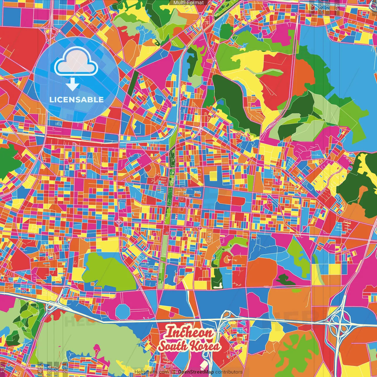 Incheon, South Korea Crazy Colorful Street Map Poster Template