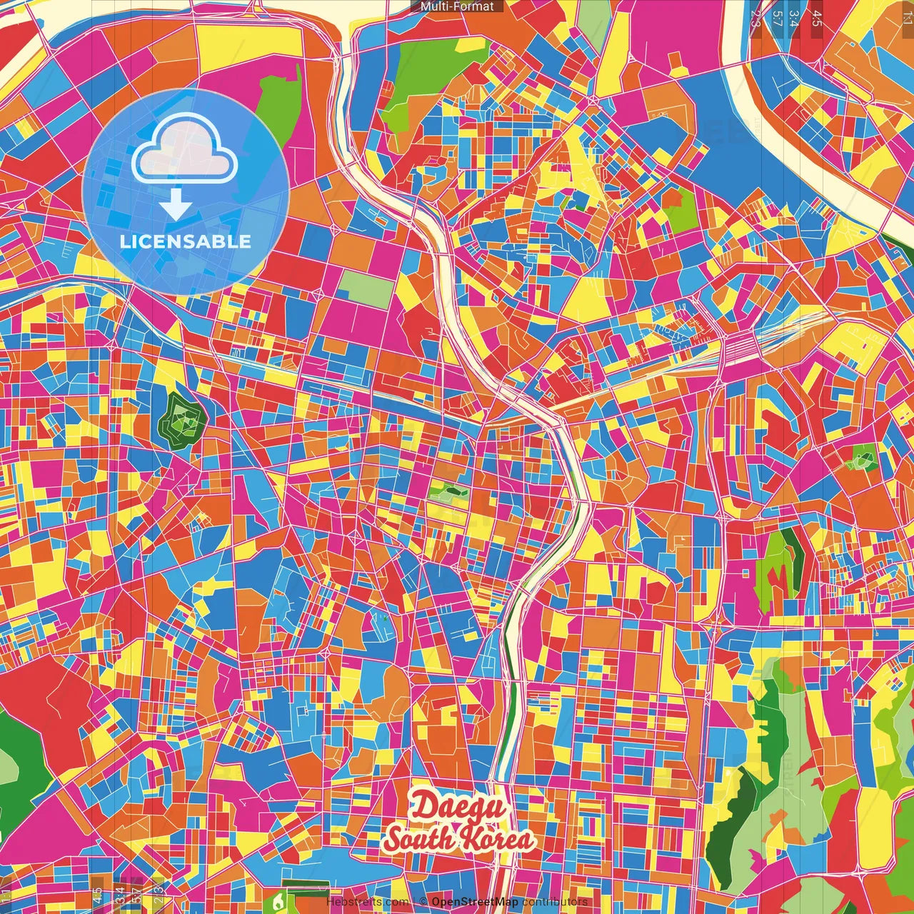 Daegu, South Korea Crazy Colorful Street Map Poster Template