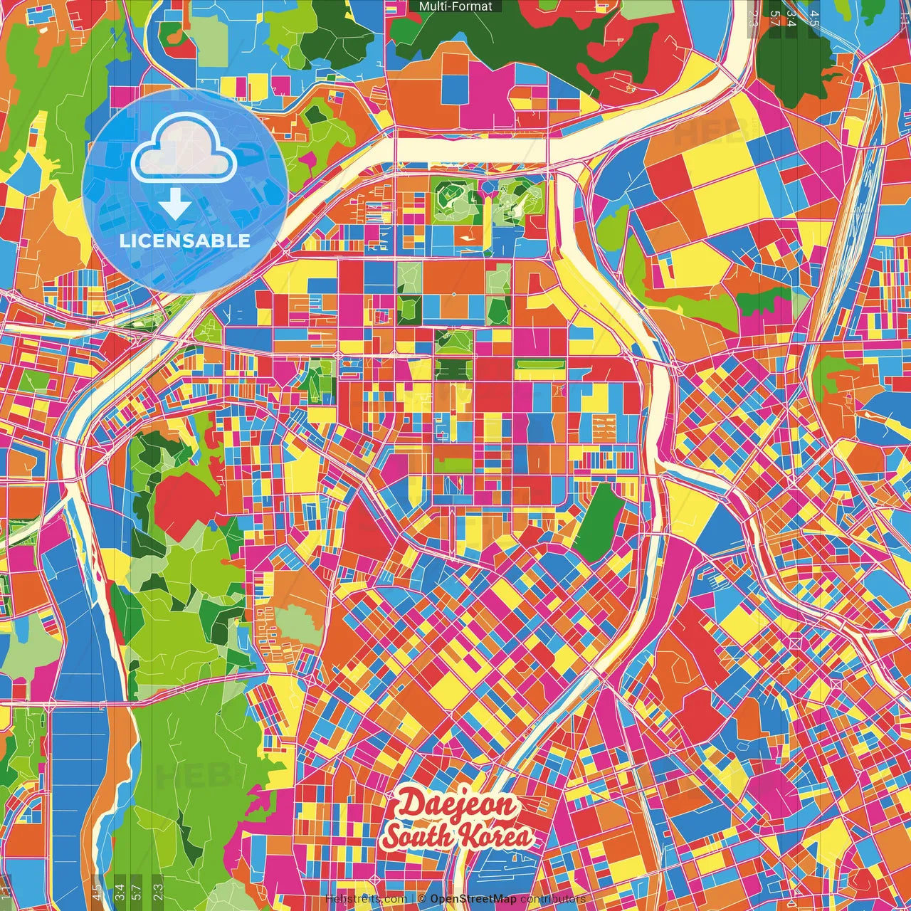 Daejeon, South Korea Crazy Colorful Street Map Poster Template
