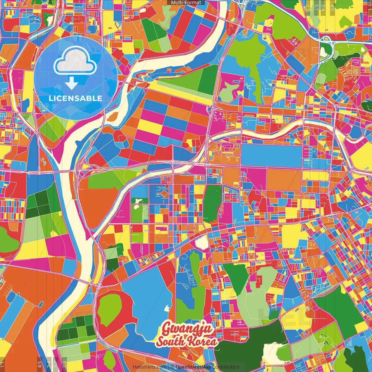 Gwangju, South Korea Crazy Colorful Street Map Poster Template