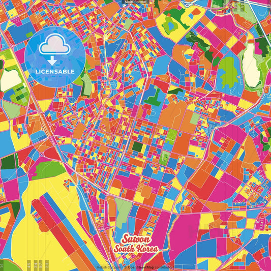 Suwon, Gyeonggi, South Korea Crazy Colorful Street Map Poster Template