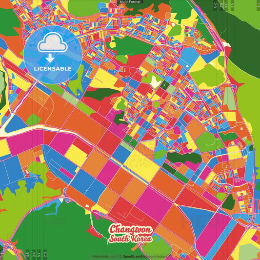 Changwon, South Gyeongsang, South Korea Crazy Colorful Street Map Poster Template