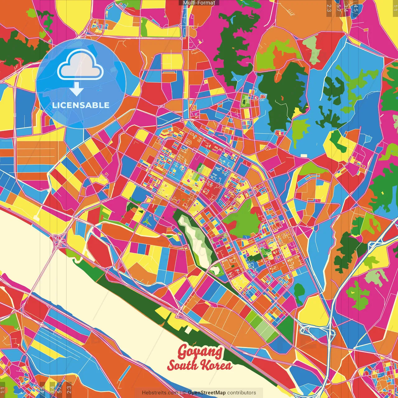 Goyang, Gyeonggi, South Korea Crazy Colorful Street Map Poster Template