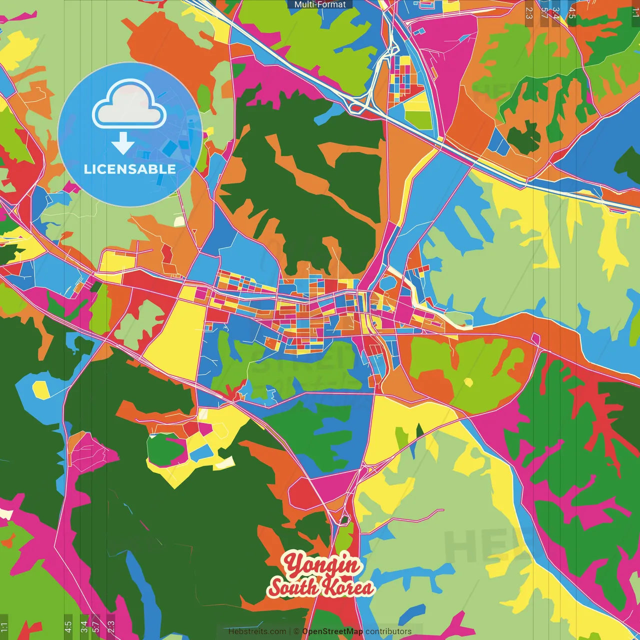 Yongin, Gyeonggi, South Korea Crazy Colorful Street Map Poster Template
