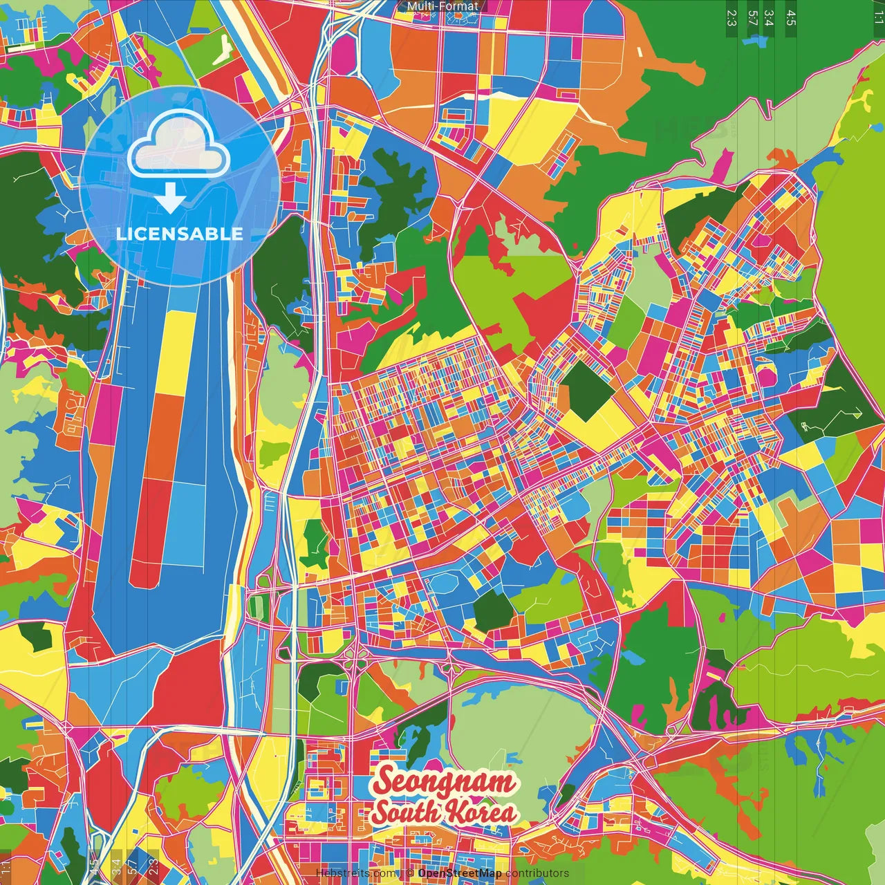 Seongnam, Gyeonggi, South Korea Crazy Colorful Street Map Poster Template