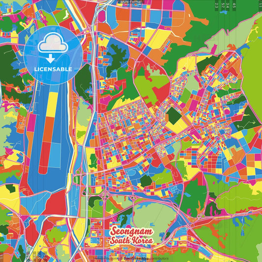 Seongnam, Gyeonggi, South Korea Crazy Colorful Street Map Poster Template