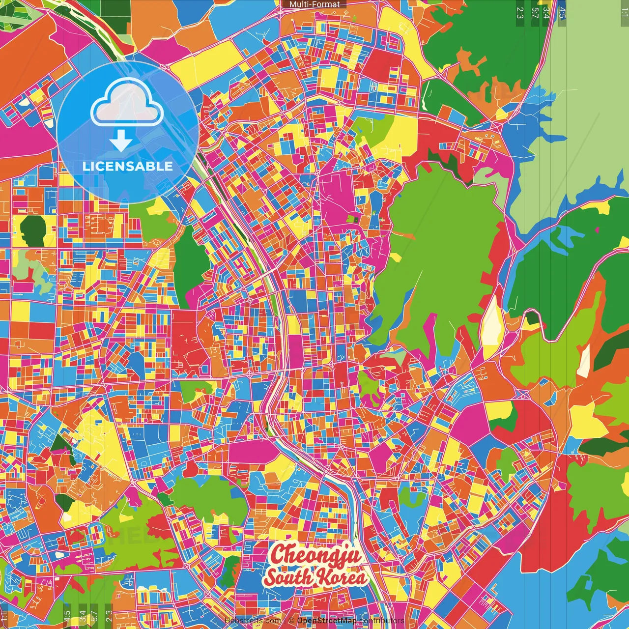 Cheongju, North Chungcheong, South Korea Crazy Colorful Street Map Poster Template
