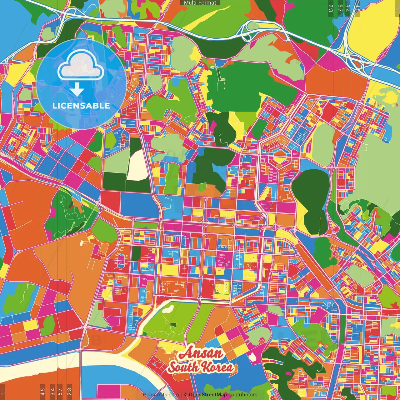 Ansan, Gyeonggi, South Korea Crazy Colorful Street Map Poster Template