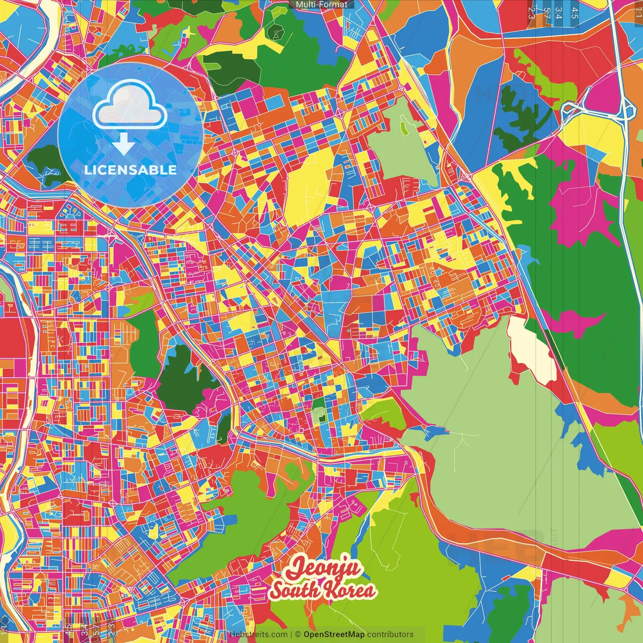 Jeonju, North Jeolla, South Korea Crazy Colorful Street Map Poster Template