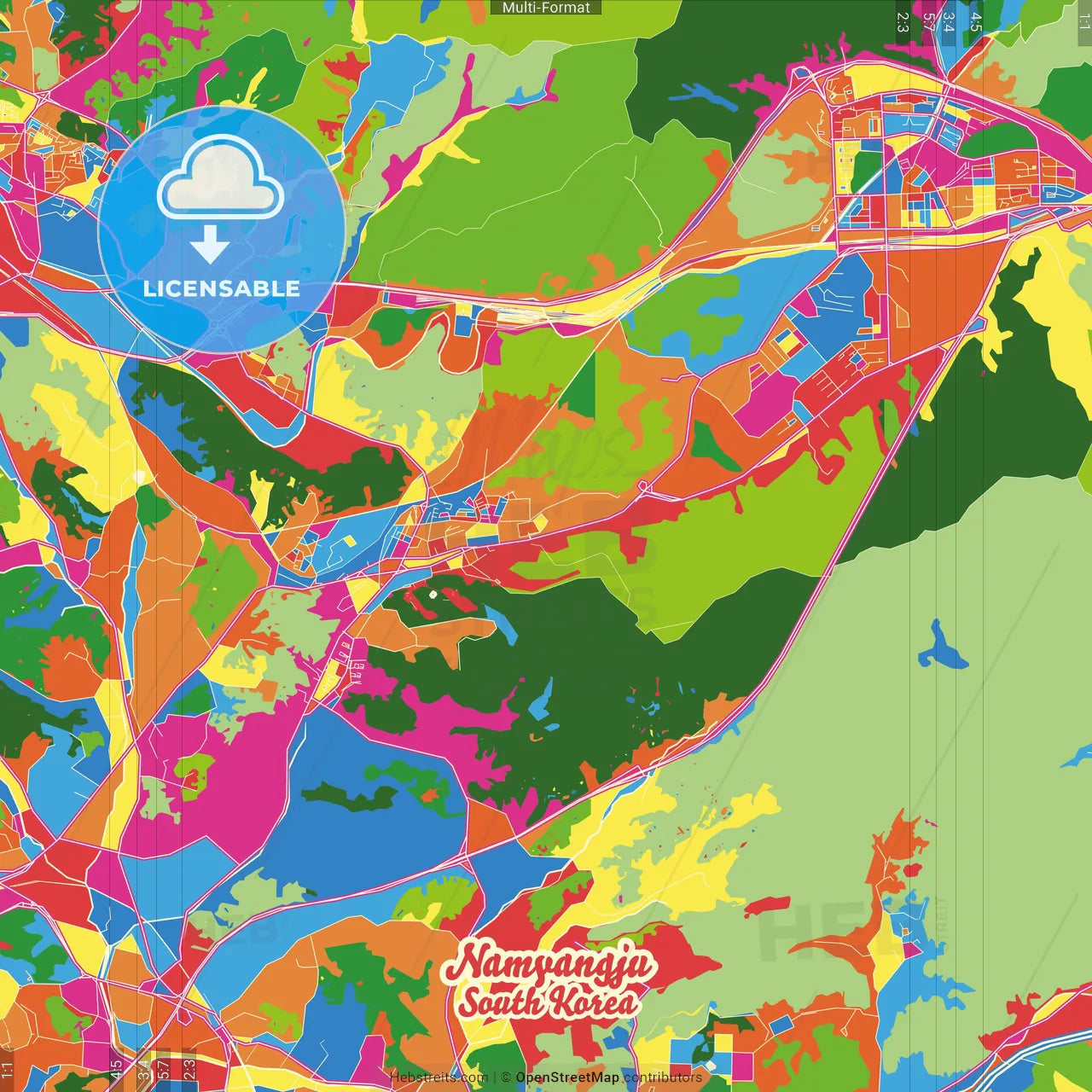 Namyangju, Gyeonggi, South Korea Crazy Colorful Street Map Poster Template