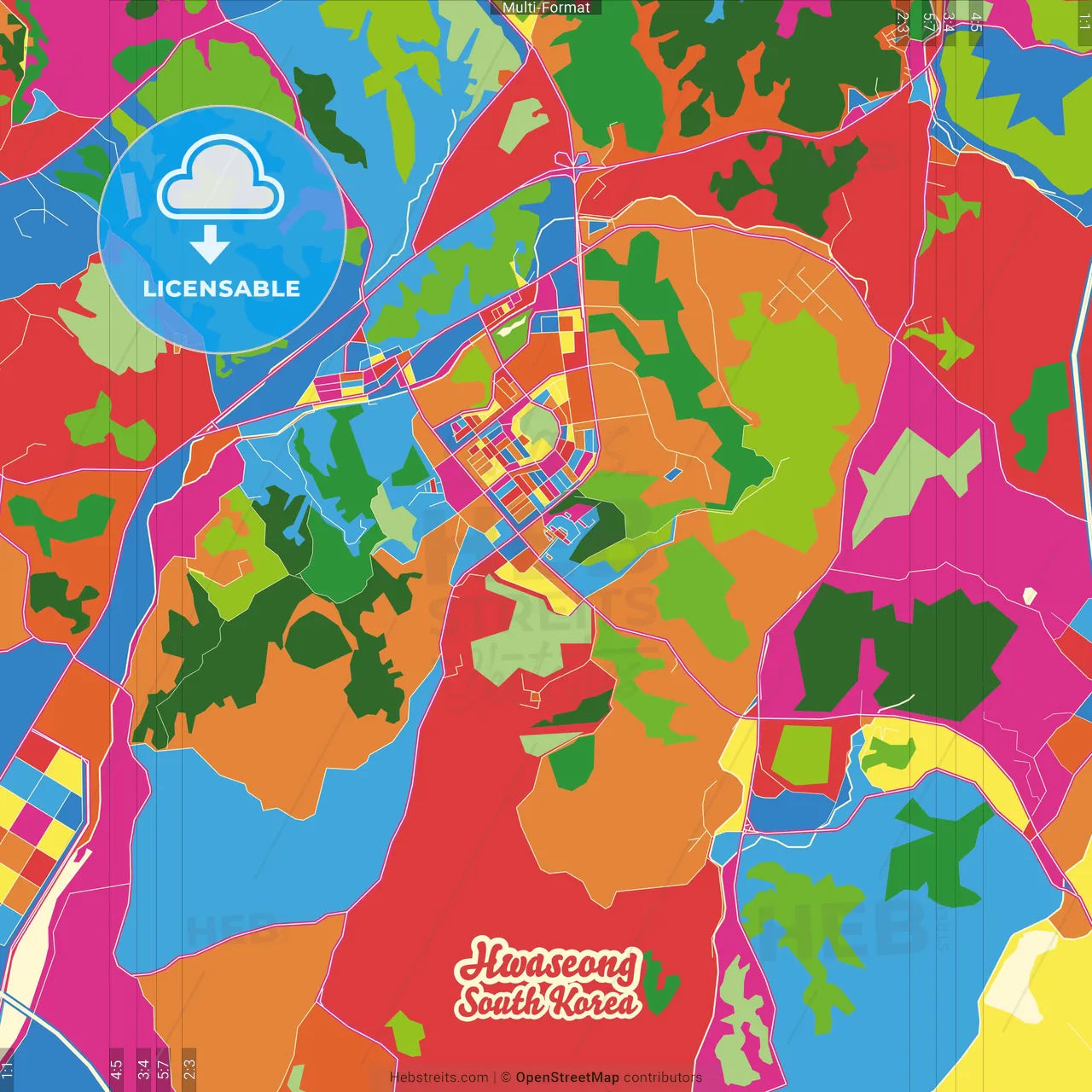 Hwaseong, Gyeonggi, South Korea Crazy Colorful Street Map Poster Template