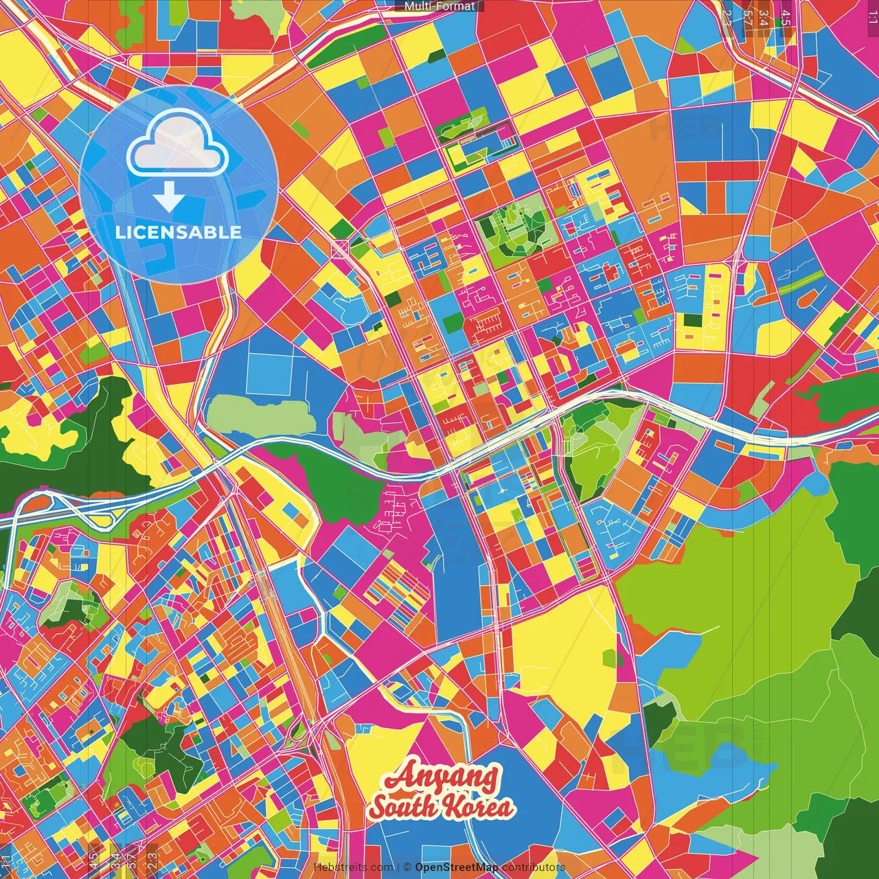 Anyang, Gyeonggi, South Korea Crazy Colorful Street Map Poster Template