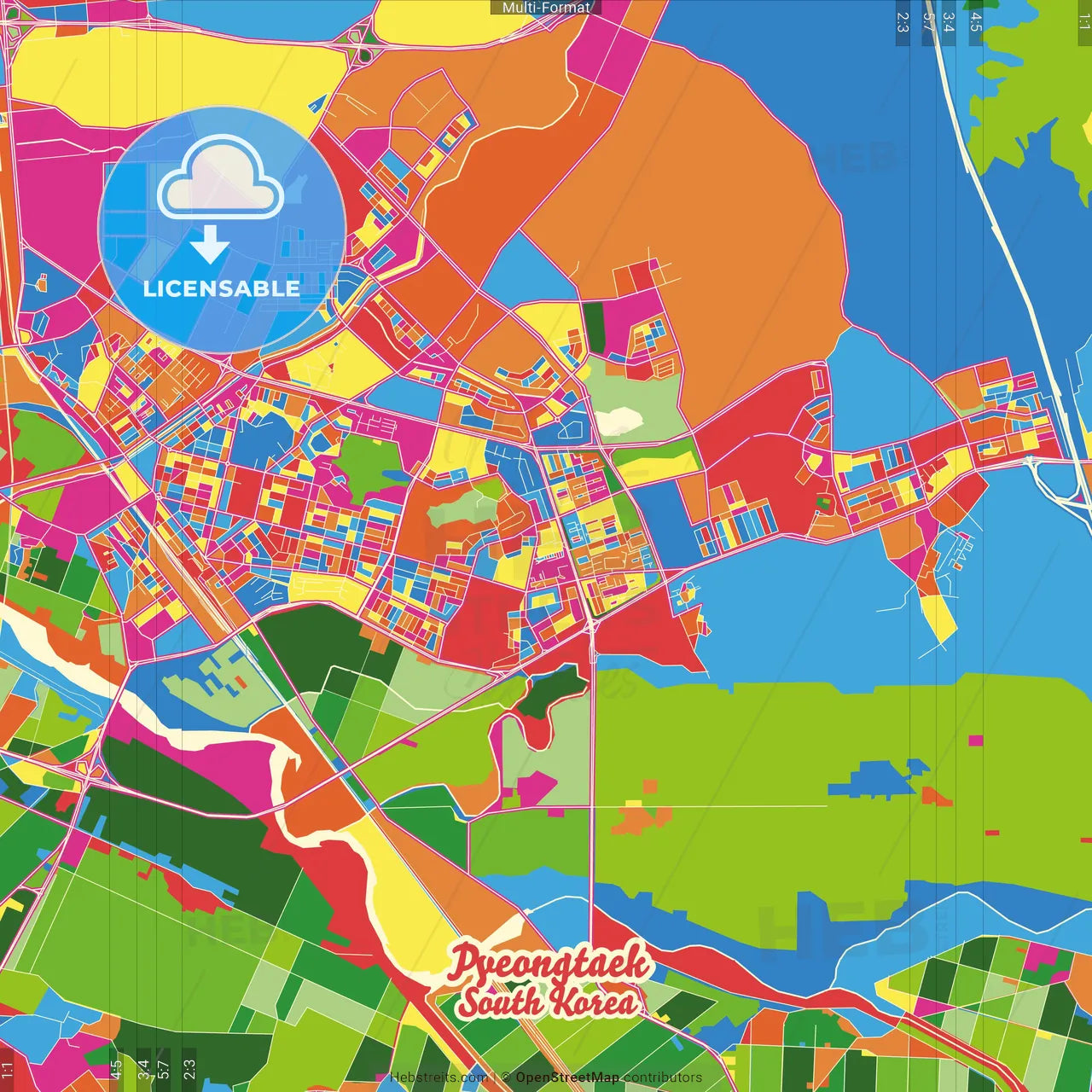 Pyeongtaek, Gyeonggi, South Korea Crazy Colorful Street Map Poster Template