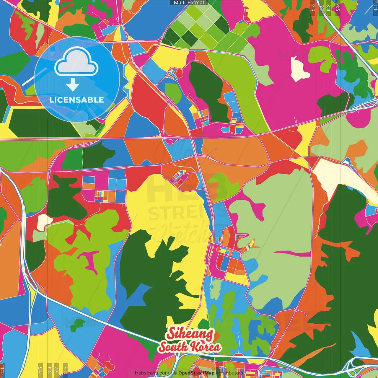 Siheung, Gyeonggi, South Korea Crazy Colorful Street Map Poster Template