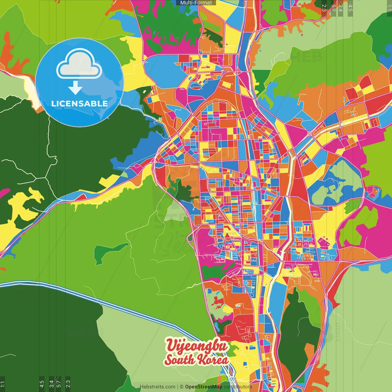 Uijeongbu, Gyeonggi, South Korea Crazy Colorful Street Map Poster Template