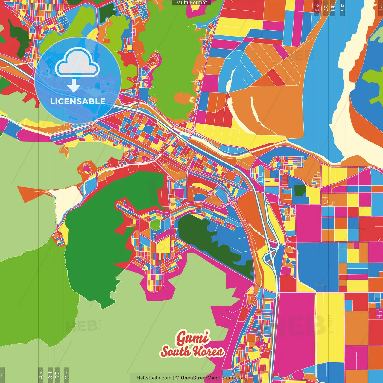 Gumi, North Gyeongsang, South Korea Crazy Colorful Street Map Poster Template