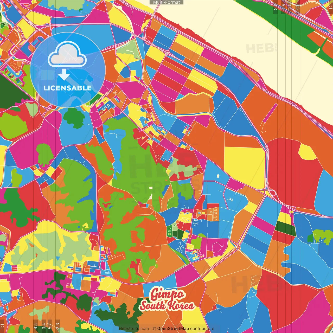 Gimpo, Gyeonggi, South Korea Crazy Colorful Street Map Poster Template