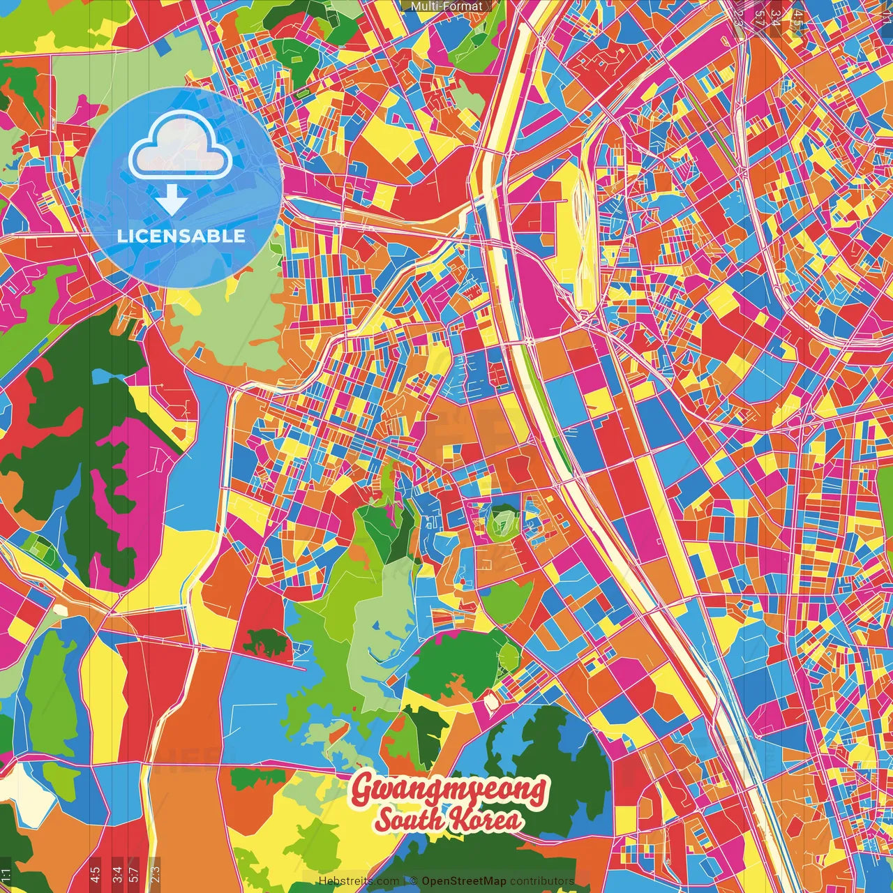 Gwangmyeong, Gyeonggi, South Korea Crazy Colorful Street Map Poster Template