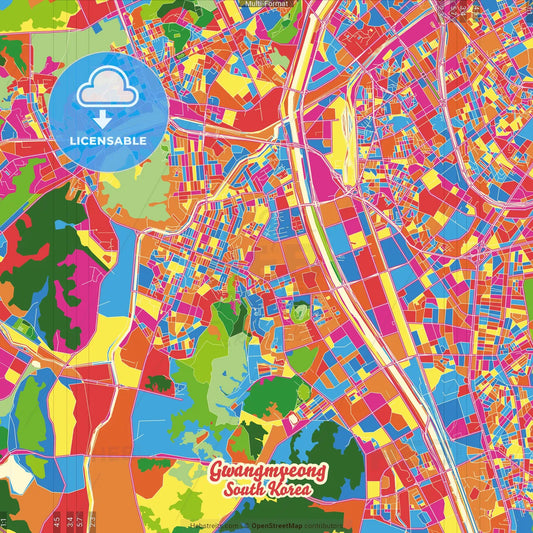 Gwangmyeong, Gyeonggi, South Korea Crazy Colorful Street Map Poster Template