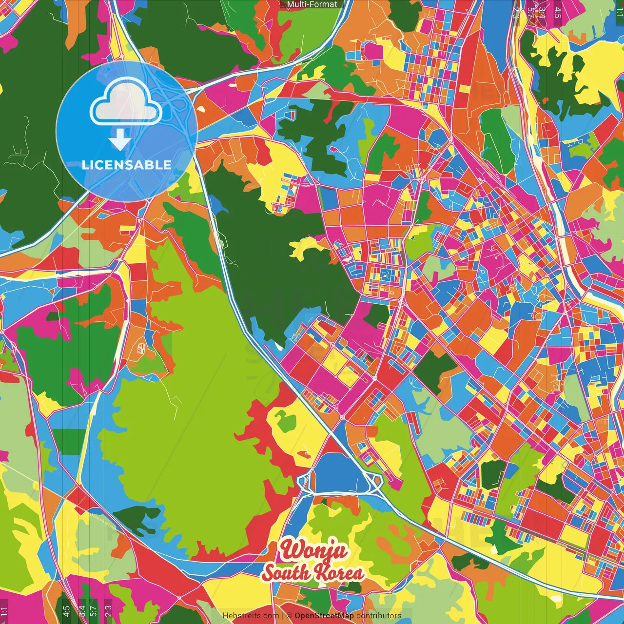 Wonju, Gangwon, South Korea Crazy Colorful Street Map Poster Template