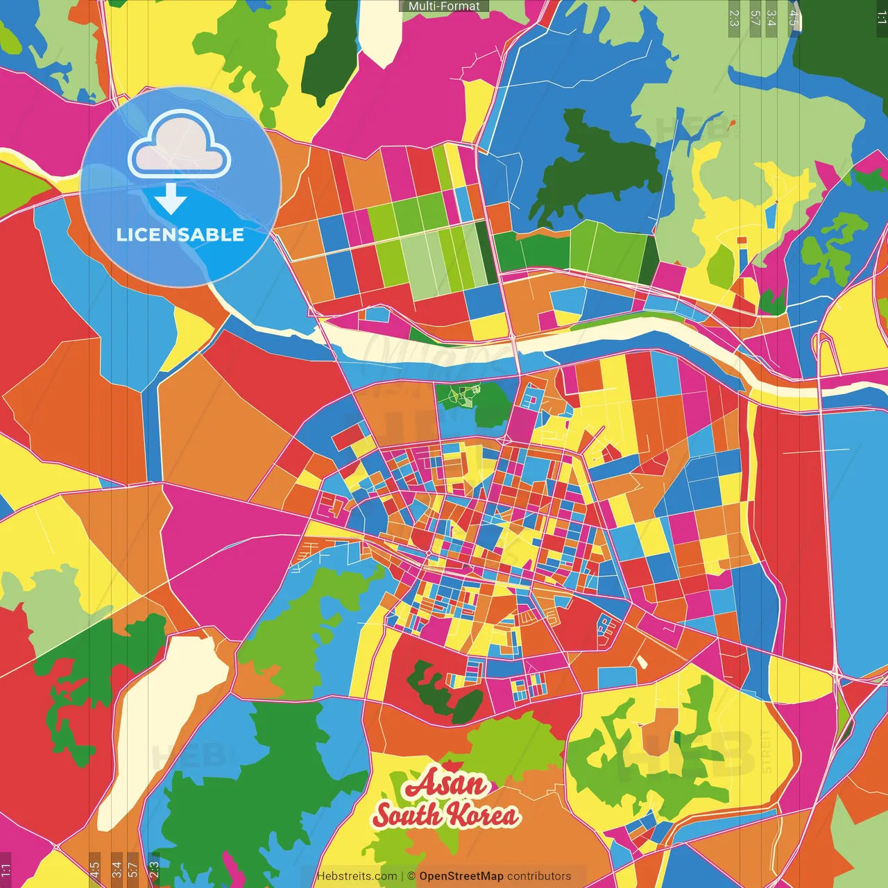 Asan, South Chungcheong, South Korea Crazy Colorful Street Map Poster Template