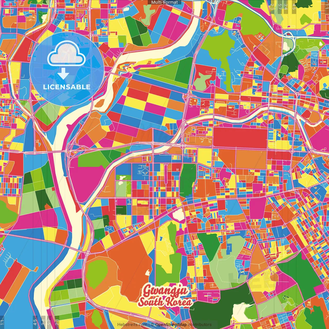 Gwangju, Gyeonggi, South Korea Crazy Colorful Street Map Poster Template