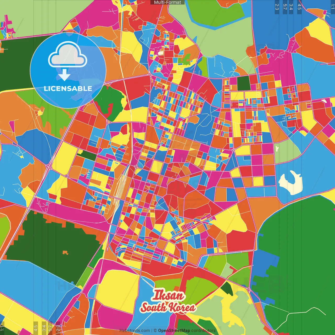 Iksan, North Jeolla, South Korea Crazy Colorful Street Map Poster Template