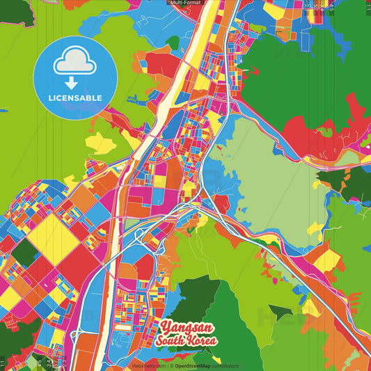 Yangsan, South Gyeongsang, South Korea Crazy Colorful Street Map Poster Template