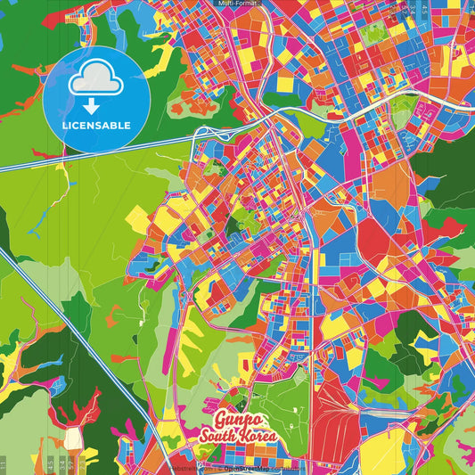 Gunpo, Gyeonggi, South Korea Crazy Colorful Street Map Poster Template