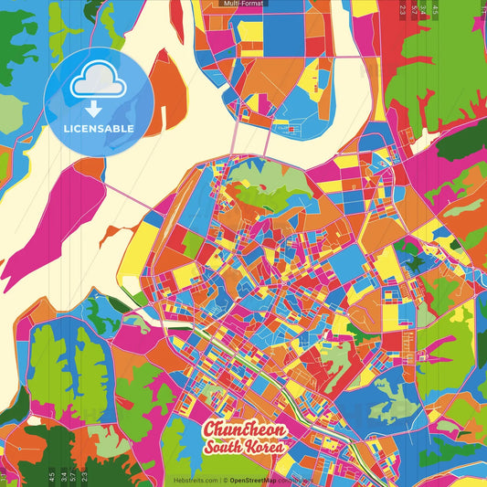 Chuncheon, Gangwon, South Korea Crazy Colorful Street Map Poster Template