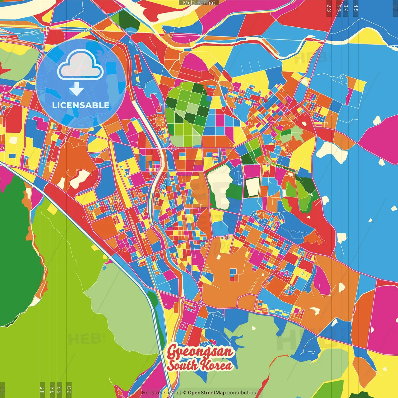 Gyeongsan, North Gyeongsang, South Korea Crazy Colorful Street Map Poster Template