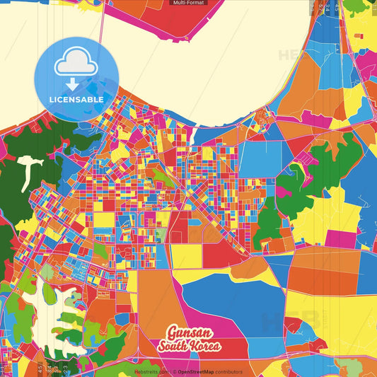 Gunsan, North Jeolla, South Korea Crazy Colorful Street Map Poster Template