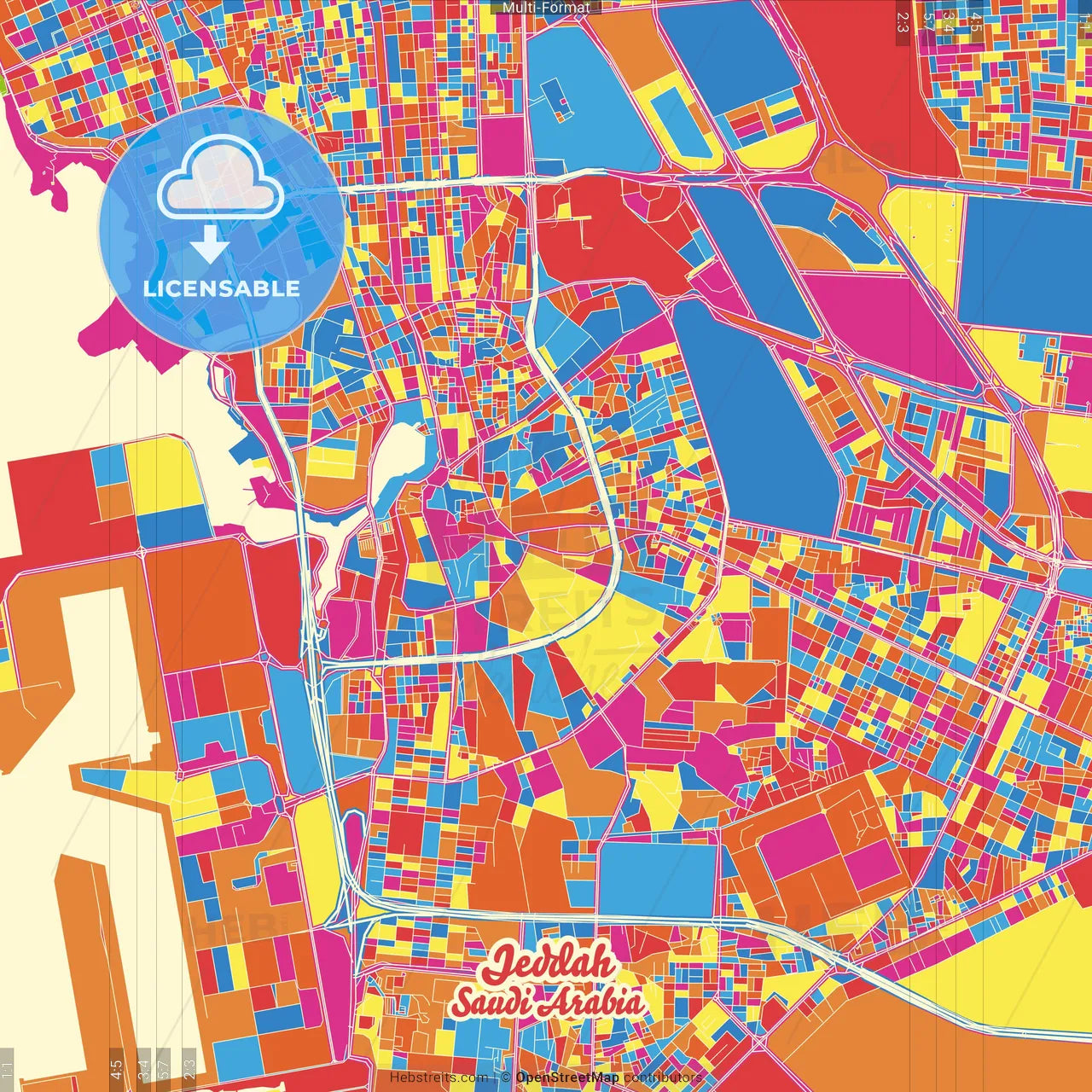 Jeddah, Saudi Arabia Crazy Colorful Street Map Poster Template