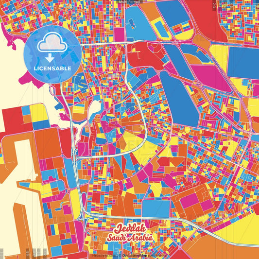 Jeddah, Saudi Arabia Crazy Colorful Street Map Poster Template