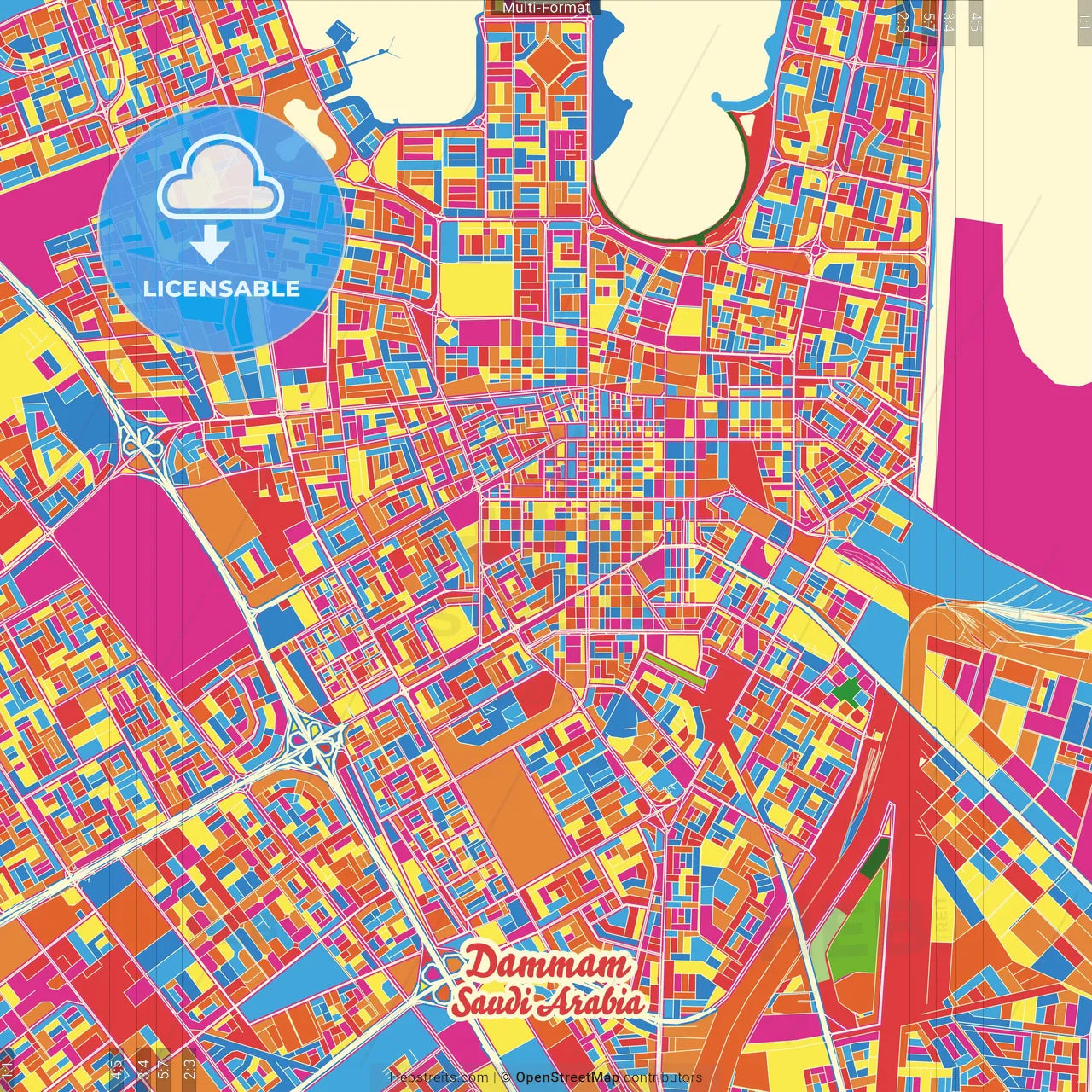Dammam, Saudi Arabia Crazy Colorful Street Map Poster Template