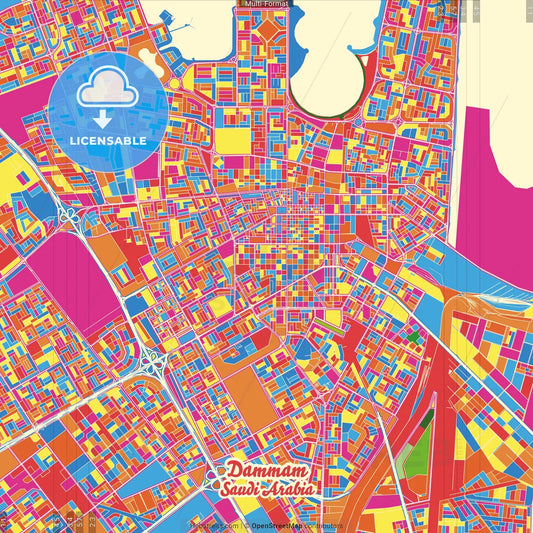 Dammam, Saudi Arabia Crazy Colorful Street Map Poster Template