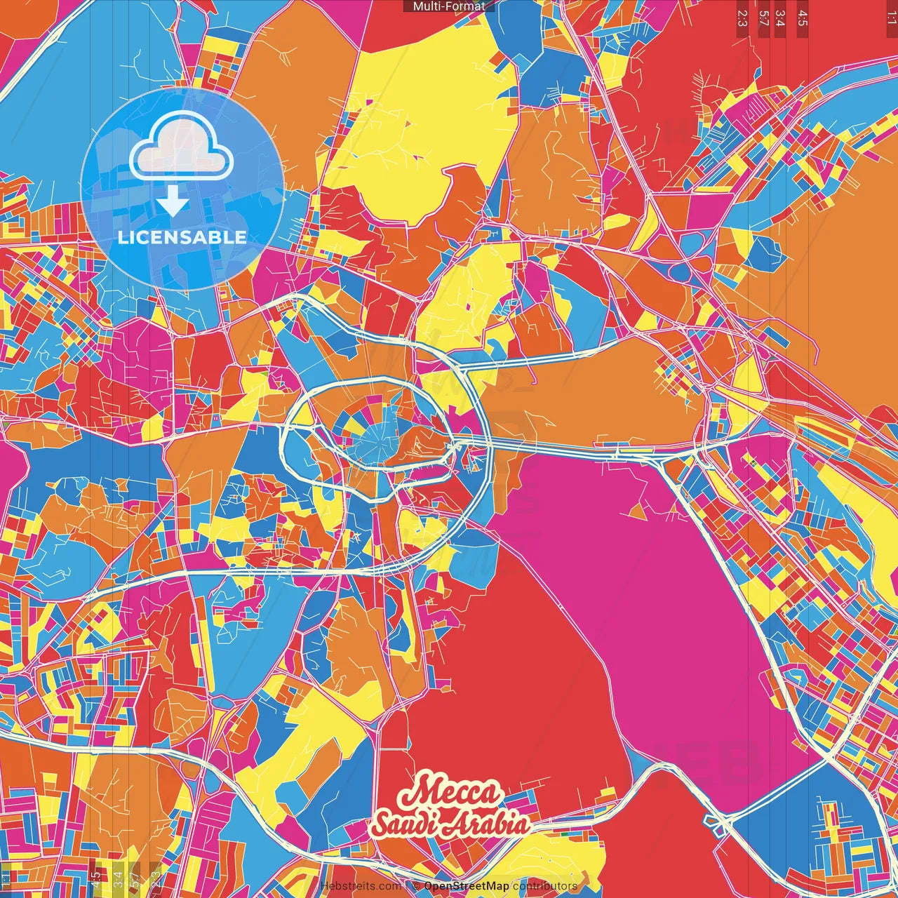 Mecca, Saudi Arabia Crazy Colorful Street Map Poster Template