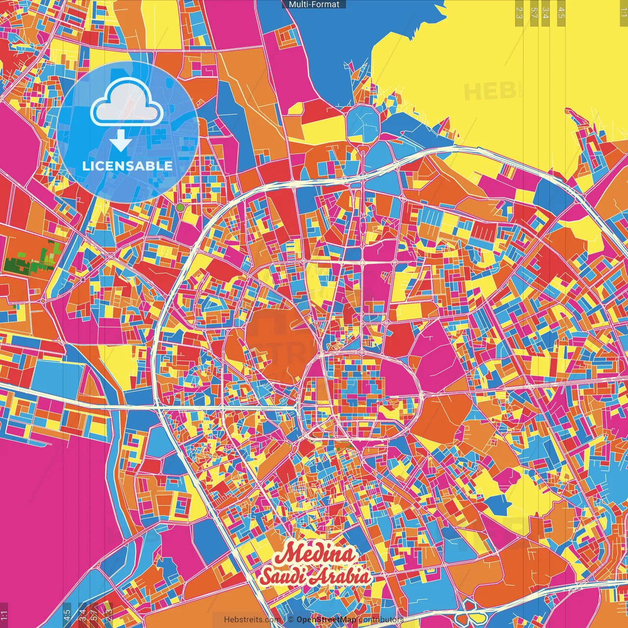 Medina, Saudi Arabia Crazy Colorful Street Map Poster Template