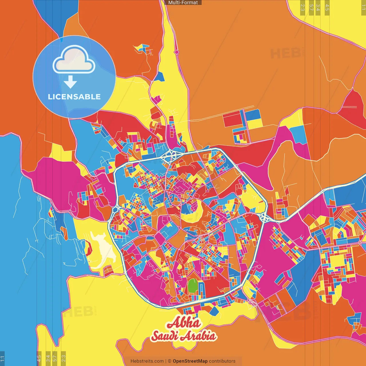 Abha, Saudi Arabia Crazy Colorful Street Map Poster Template