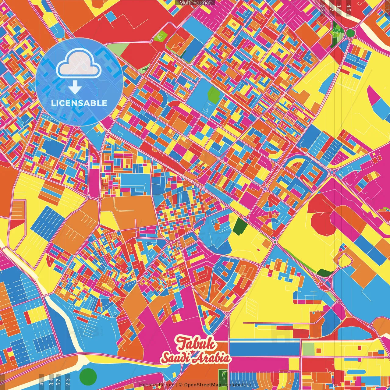Tabuk, Saudi Arabia Crazy Colorful Street Map Poster Template