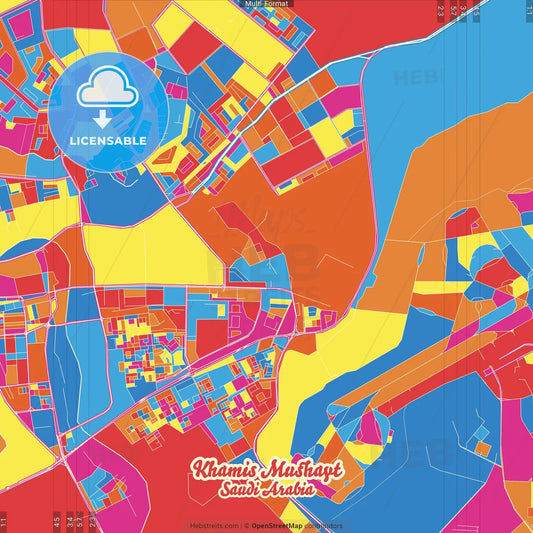 Khamis Mushayt, Saudi Arabia Crazy Colorful Street Map Poster Template